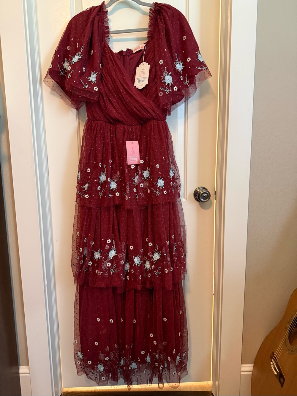 Ivy City Co Mabel Dress in Burgundy - Embroidered Tiered Tulle Dress